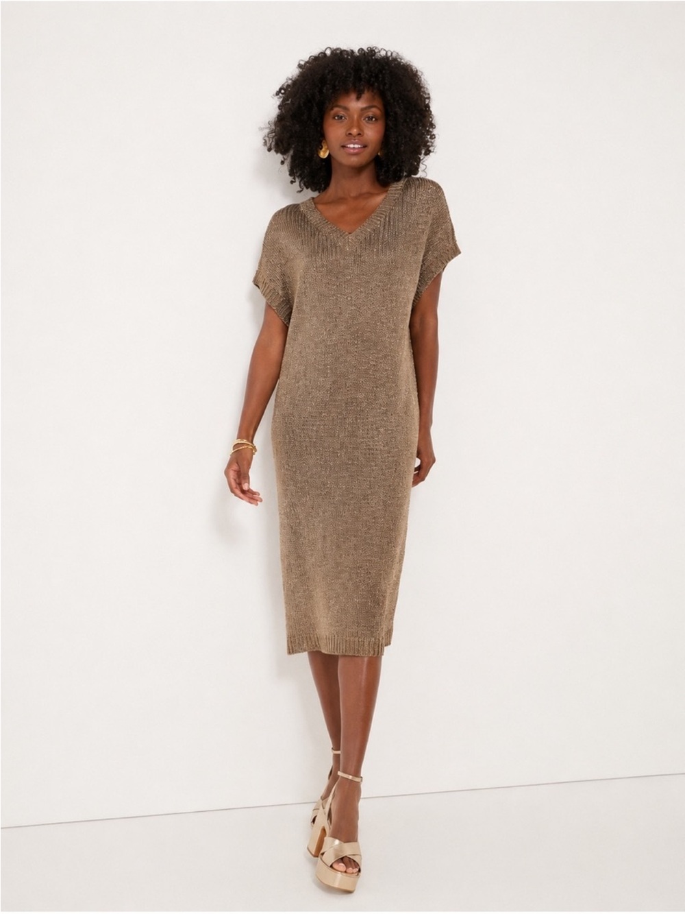 TUCKERNUCK Indie Midi Dress Medium Bronze Metallic Knit Removable Slip Bohemian